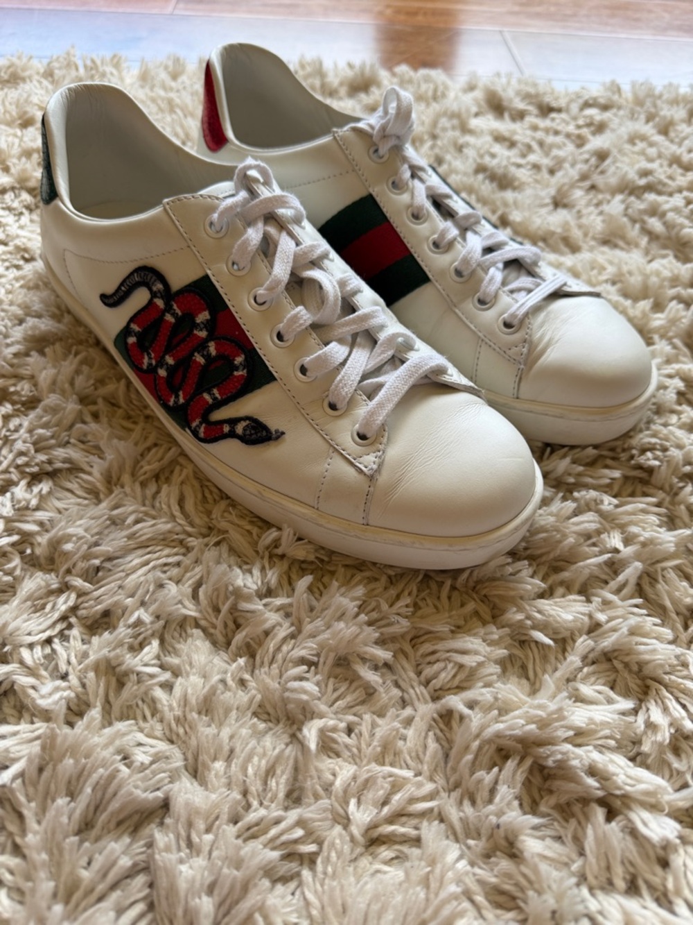 Gucci White Leather Sneakers with Red & Green Stripe and Snake Embroidery